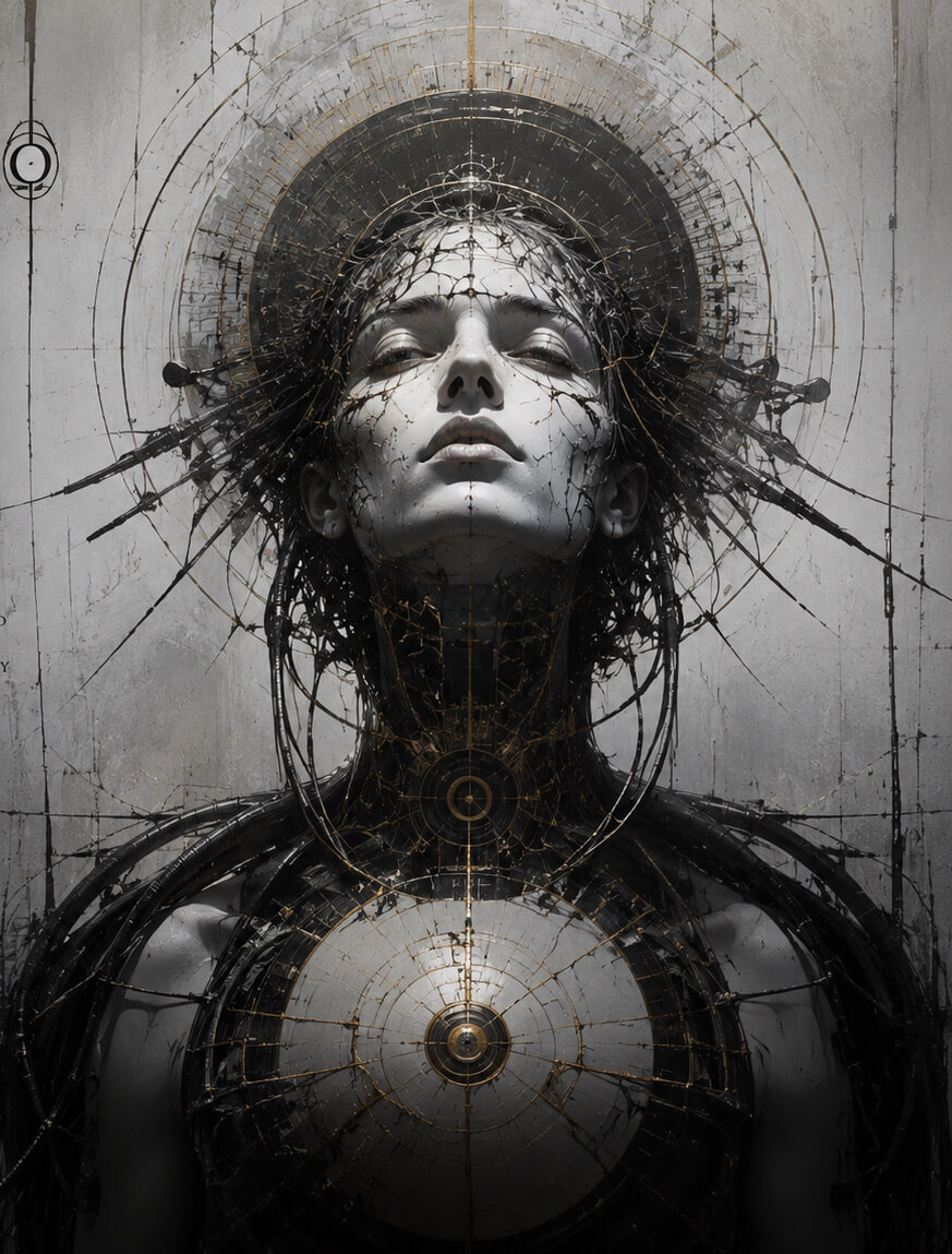 Pale feminine face with closed eyes, cracked porcelain skin inlaid with gold circuitry, surrounded by dark filaments.