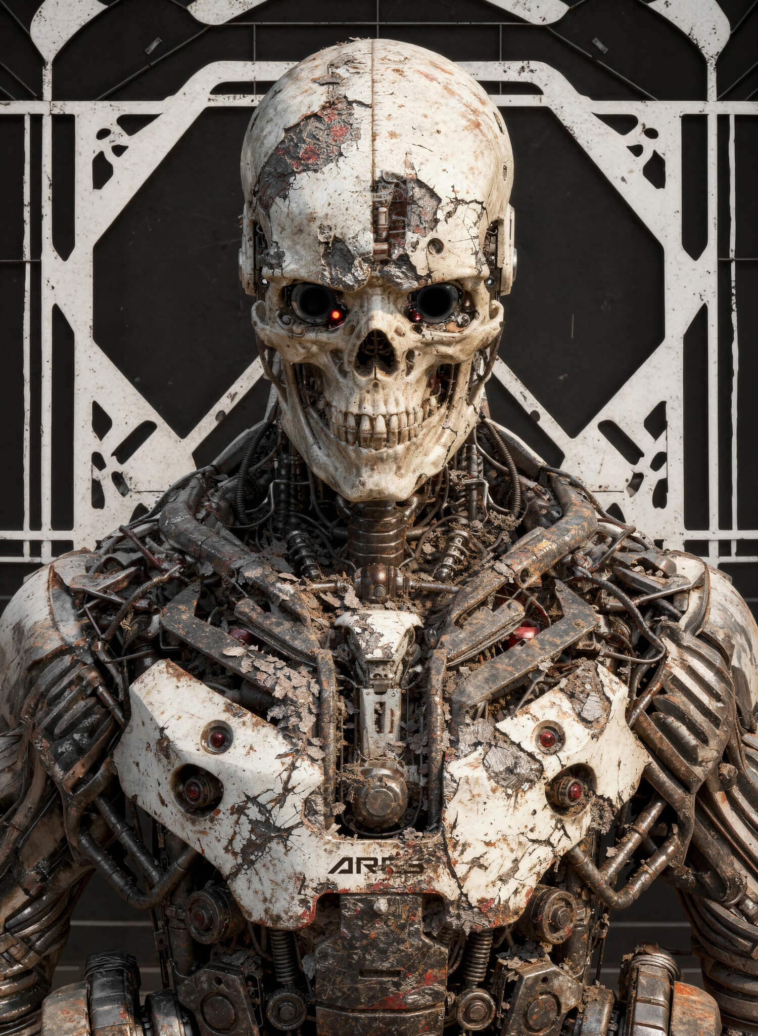 Skull-faced ARES Hunter-Killer chassis, cracked white armour plates with ARES stencilled on the chest, corroded wiring and red sensor studs before a hazard-marked wall.