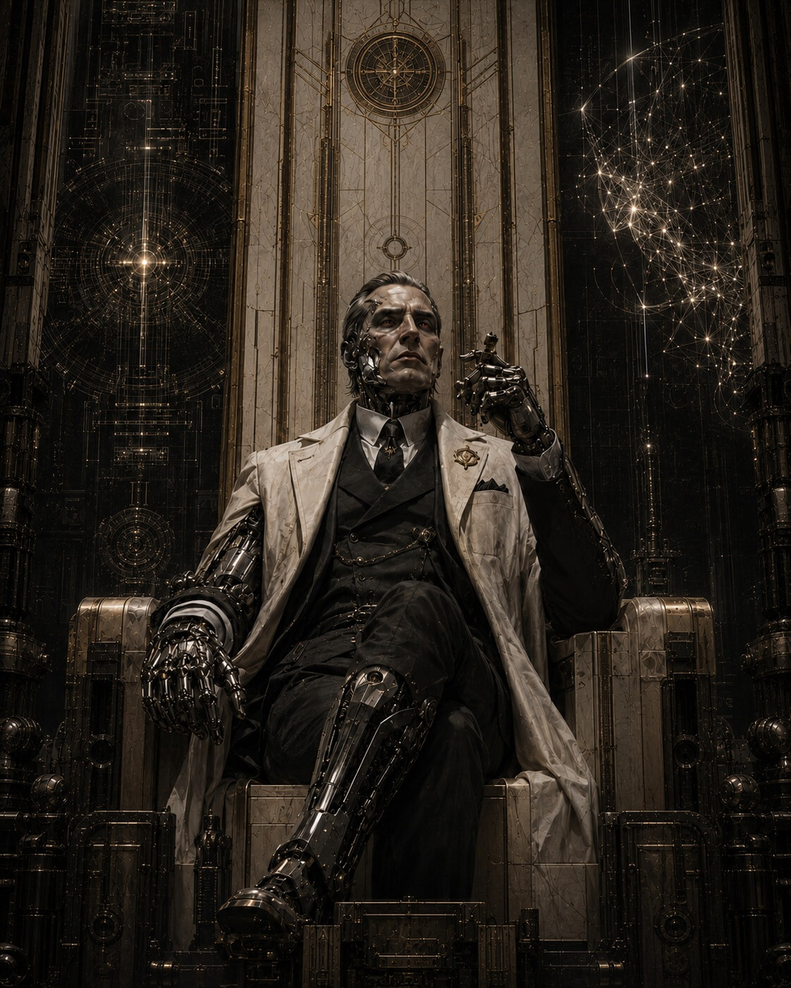 Formal portrait of Arthur Obediah Chainsaw seated in a monumental mechanical office.