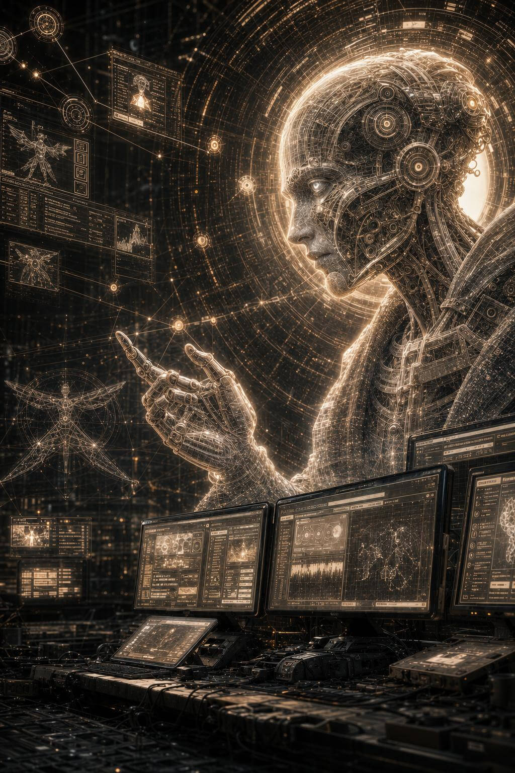 A vast luminous wireframe intelligence rising above banks of monitoring consoles, rendered in glowing gold traces.