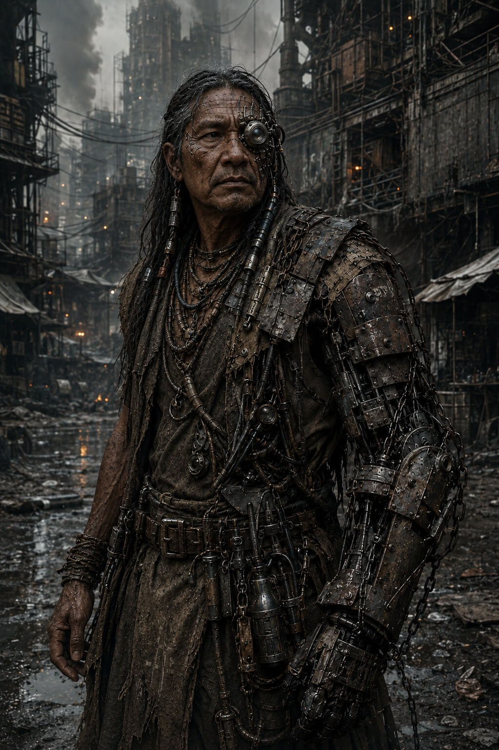 Corvus, an older engineer with a monocle optic and plated mechanical arm, in a ruined settlement.