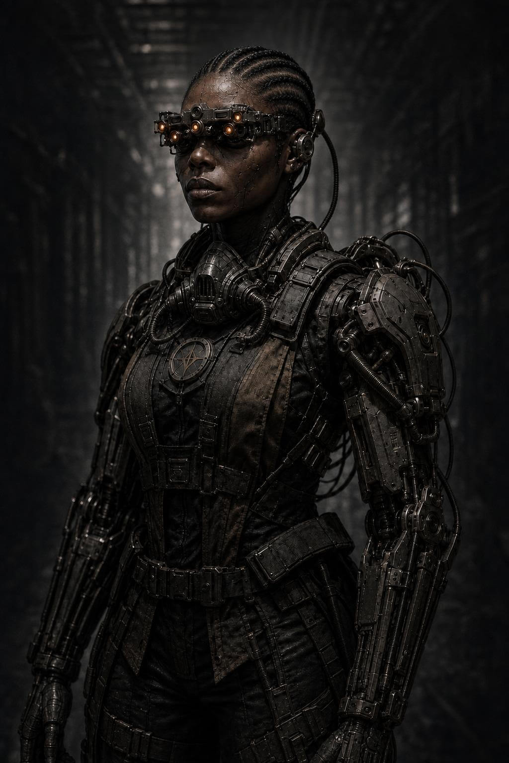 Echo, a woman with braided hair and stitched mesh skin, wearing a multi-lens sensor visor and a full mechanical exoskeleton in a dark industrial corridor.
