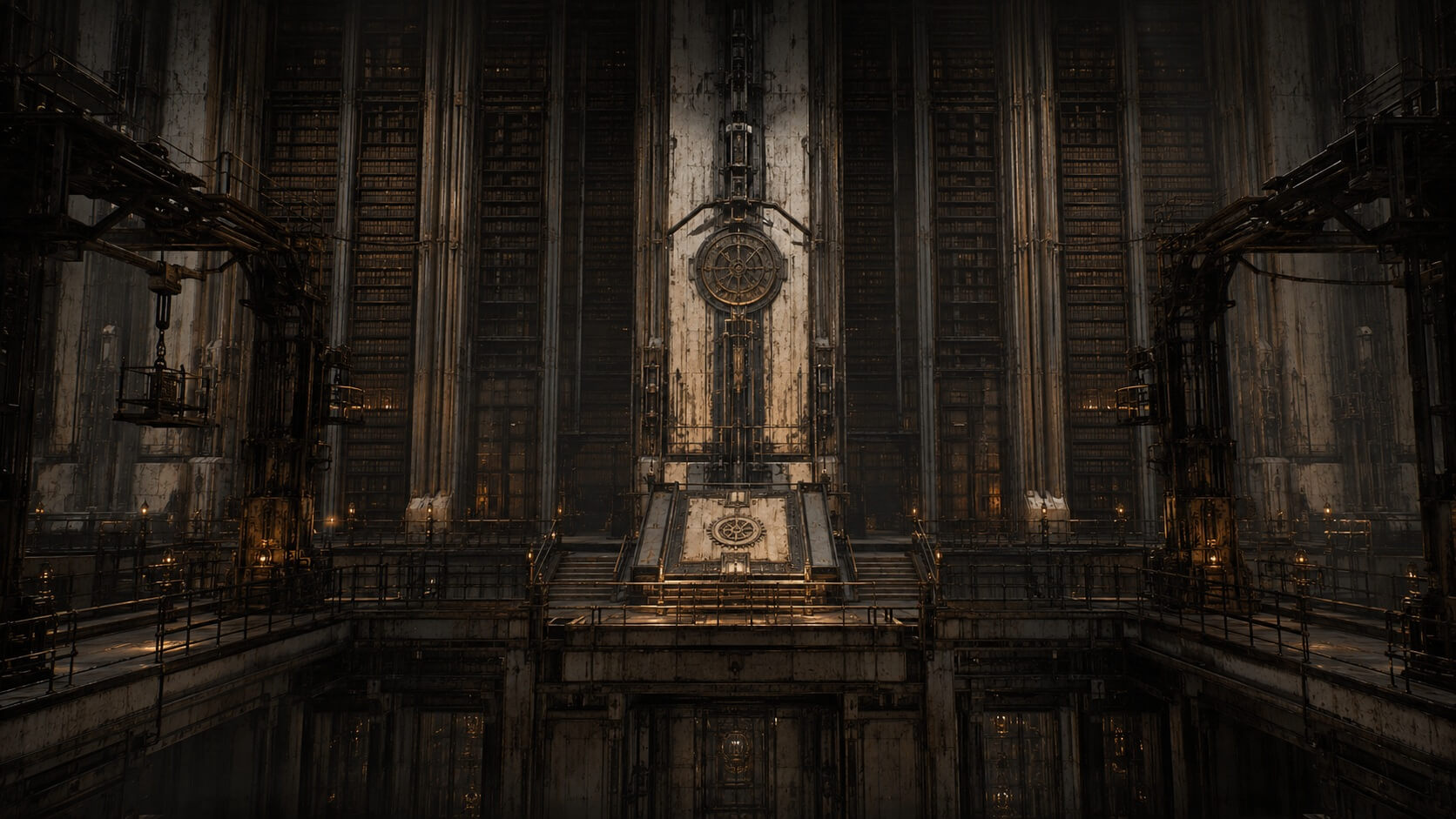 Dark monumental hall with archive-like vertical stacks and industrial bridges.