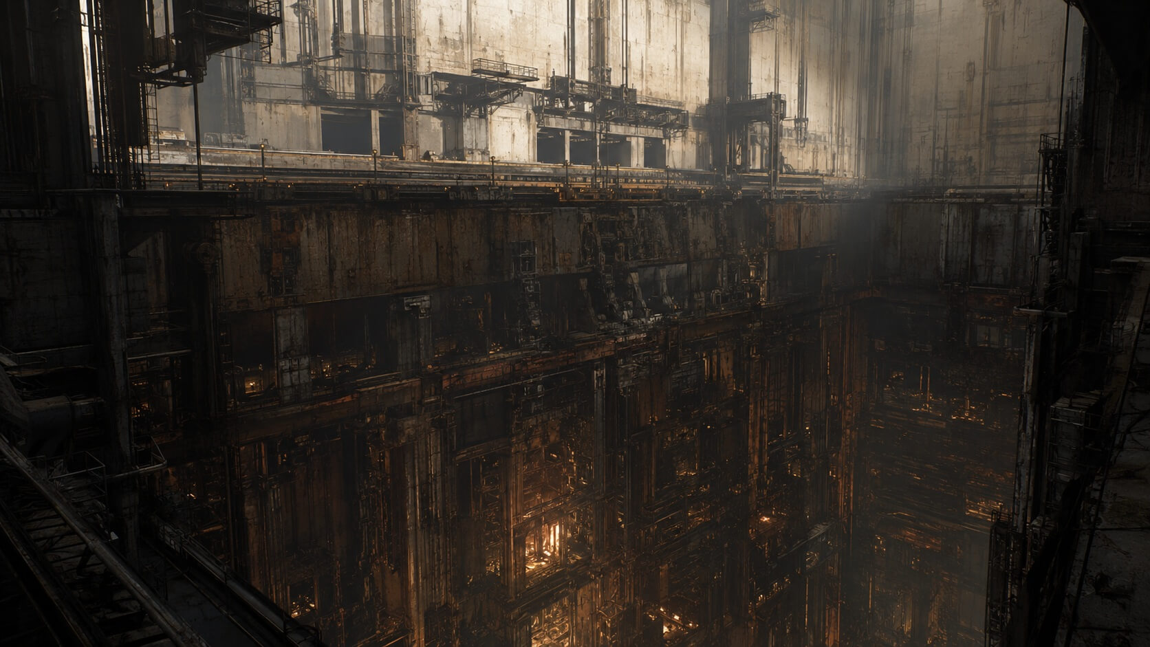 Deep industrial shaft with pale upper walls and dark amber machinery below.