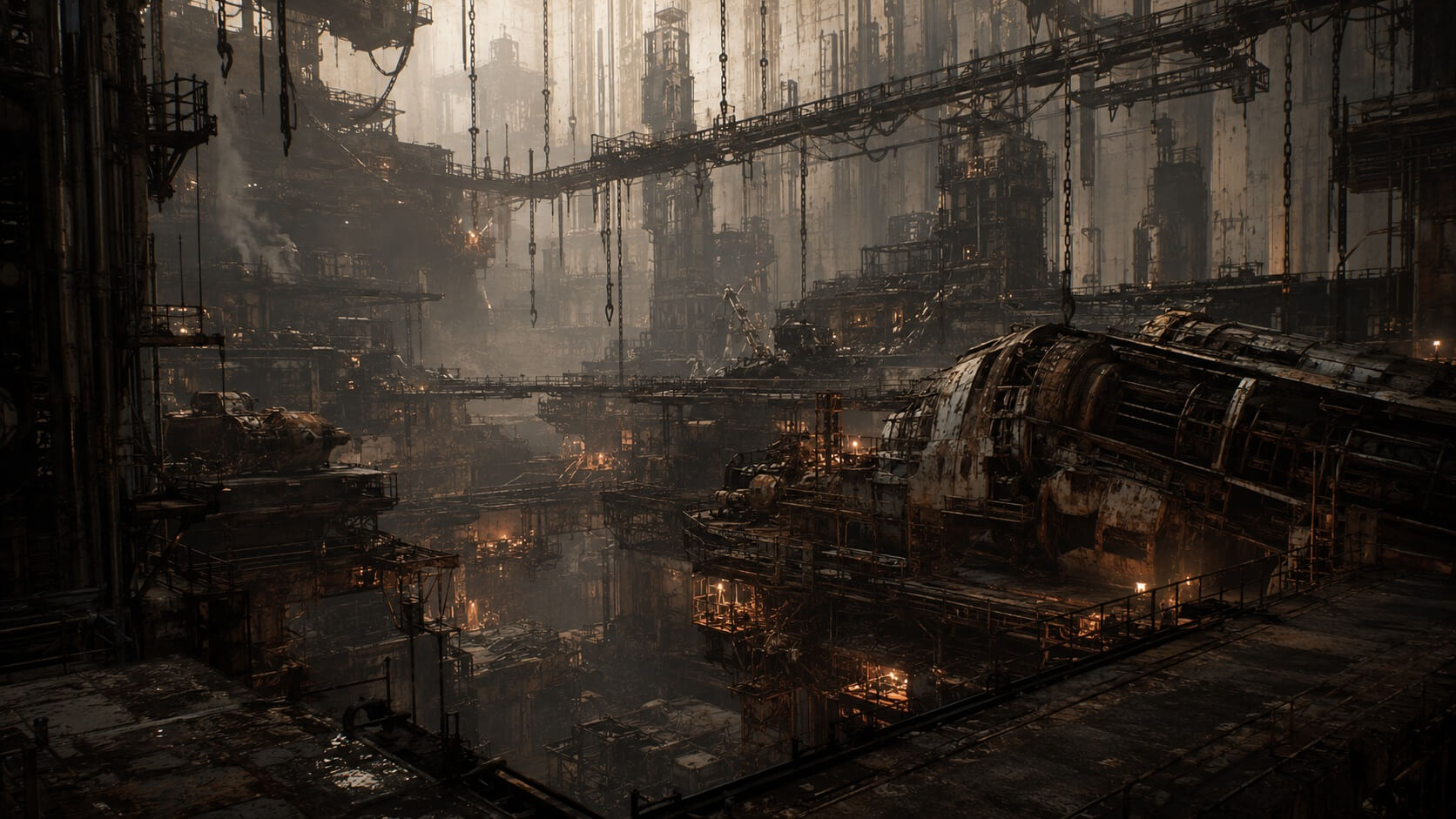 A vast salvage environment of bridges, chains, and layered industrial platforms on Level 5.