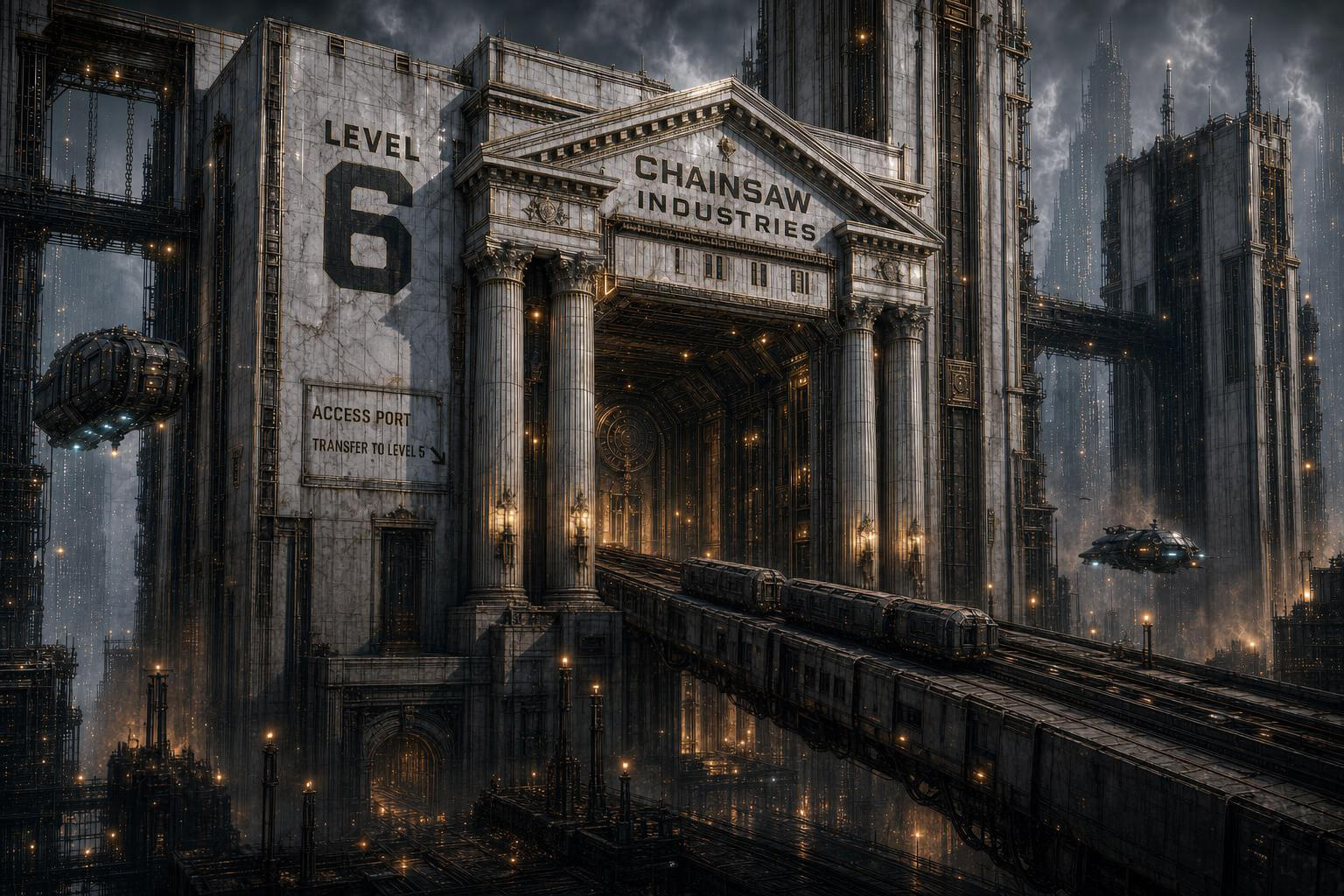 A monumental marble gateway of columns beneath a pediment stencilled CHAINSAW INDUSTRIES, marked LEVEL 6 and ACCESS PORT, with a freight train departing on elevated rails into orange smoke toward Level 5.