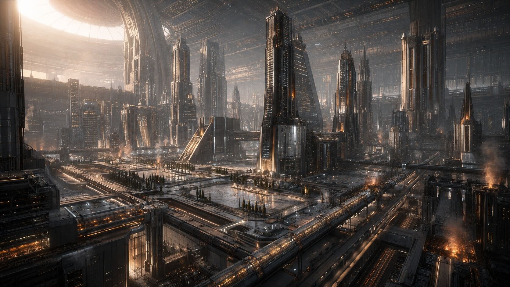 A gleaming enclosed corporate megacity beneath a vast domed ceiling.