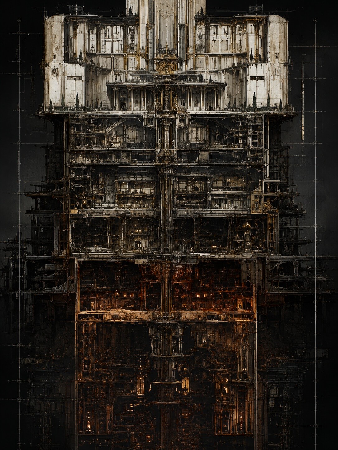Cutaway from bright upper structures into dark, densely layered amber machinery.