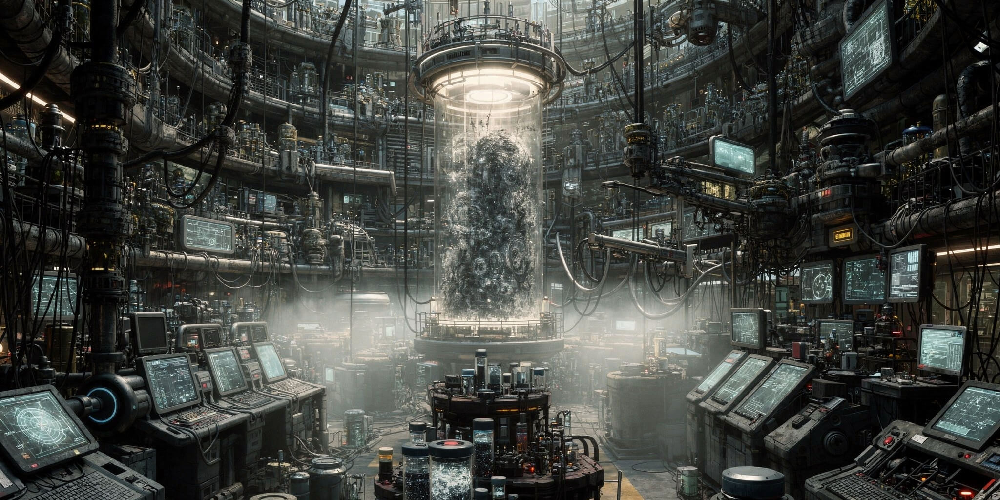 Circular neural-processing laboratory filled with cables, consoles, and a central illuminated cylinder.