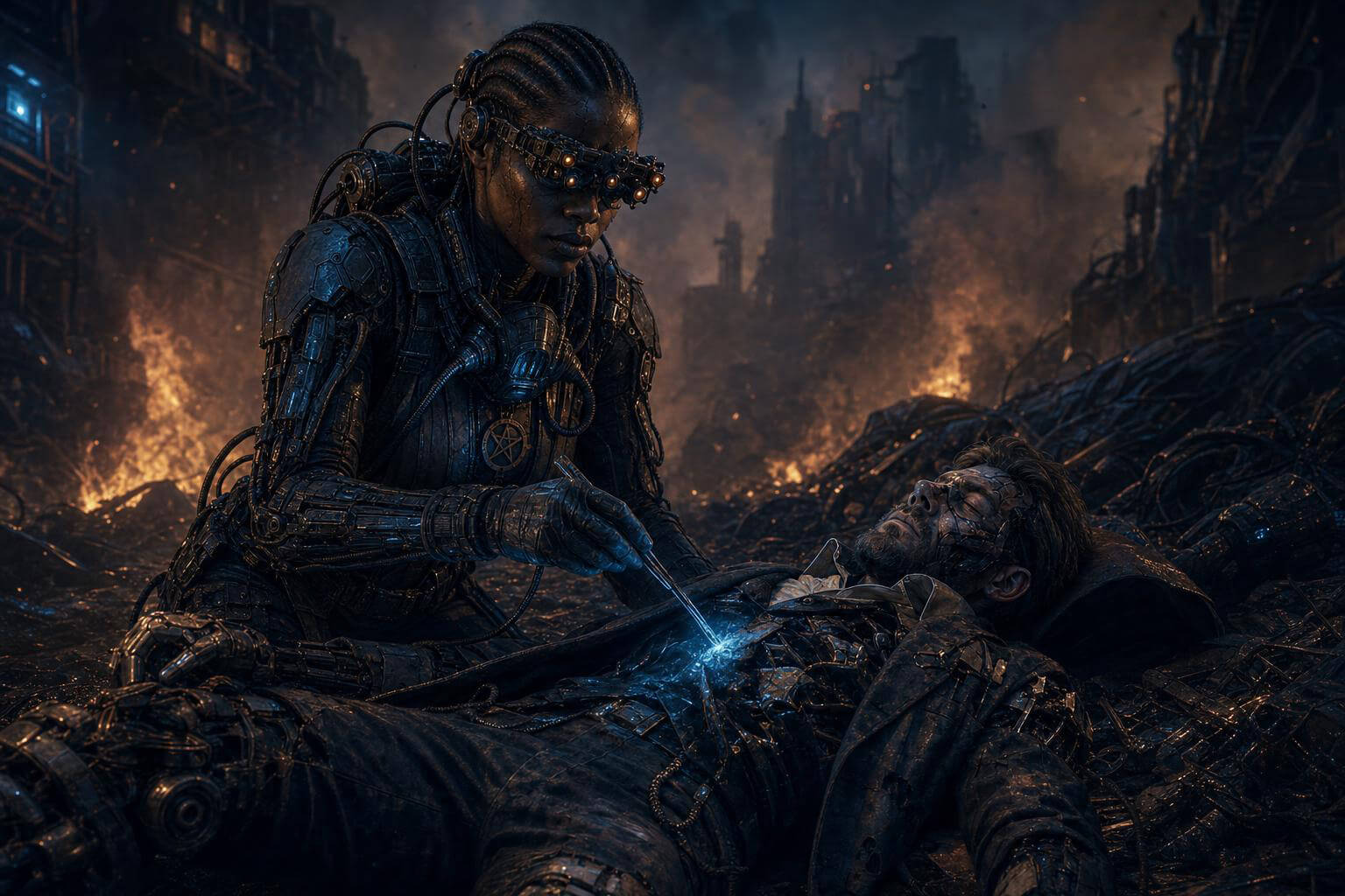 Echo kneeling over the shattered Pale-Iron in the burning Boneyard at night, probing his open chest with a glowing tool.