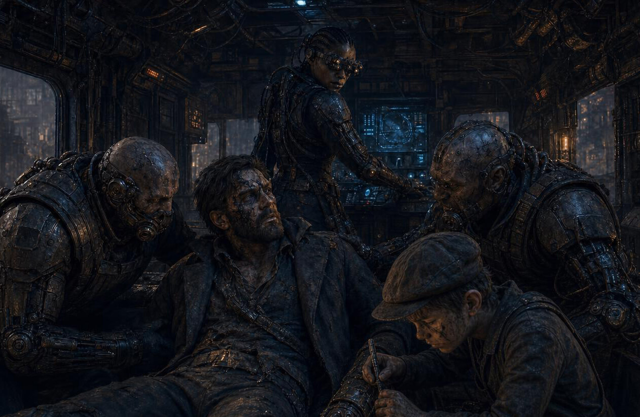 Inside the cramped rail-sled, two heavy Juggers and a boy in a flat cap crowd around the battered Pale-Iron while Echo stands at the controls.